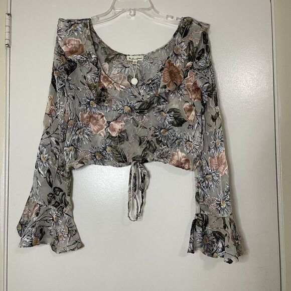For Love & Lemons Luciana Ruffle cropped floral blue gray Blouse Small - Picture 4 of 9